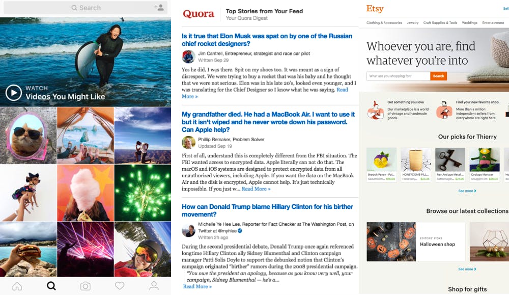 Personalization in Action: Instagram’s Explore, Quora’s weekly email, Etsy’s news feed.