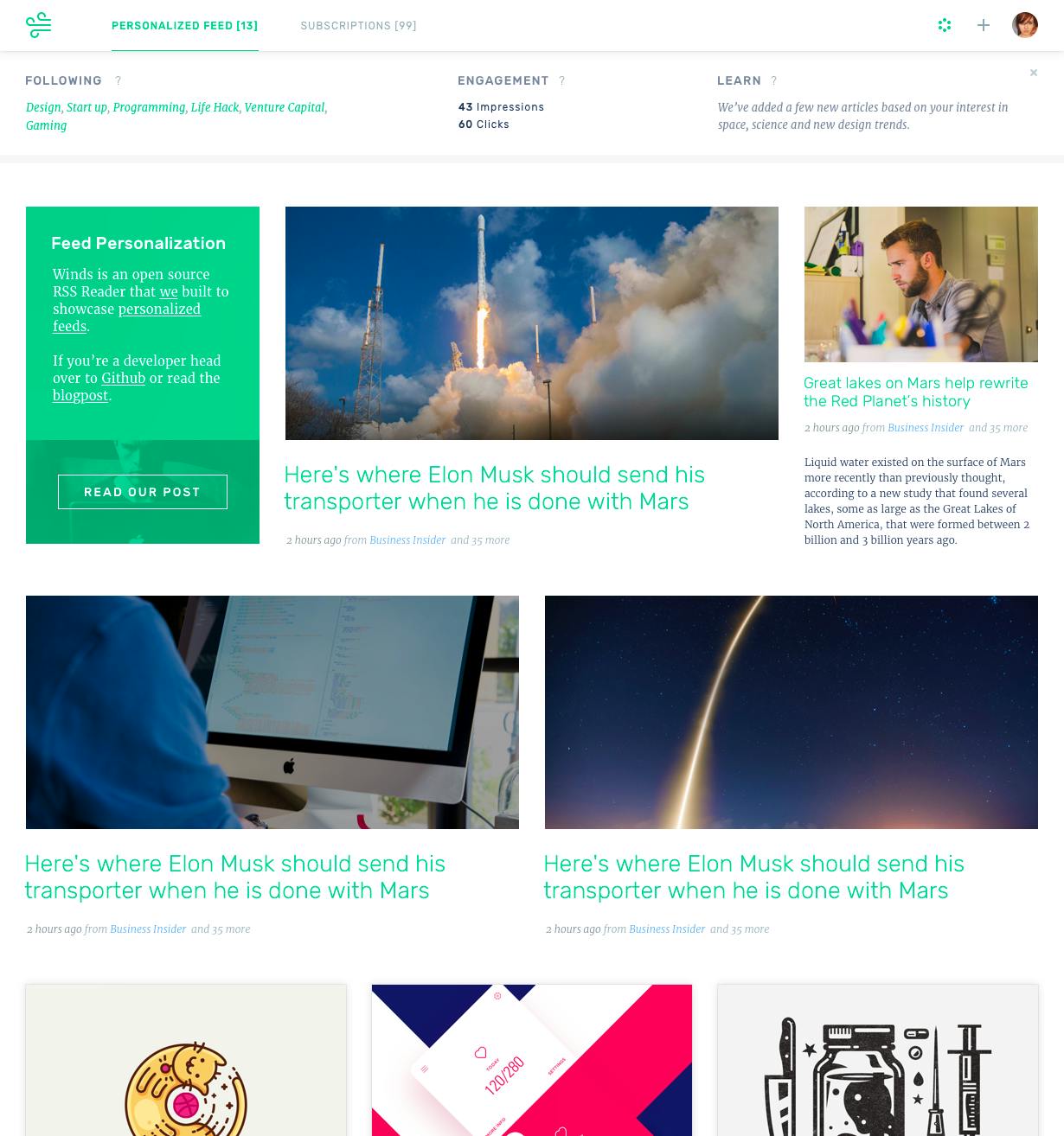 Personalized feed for Winds